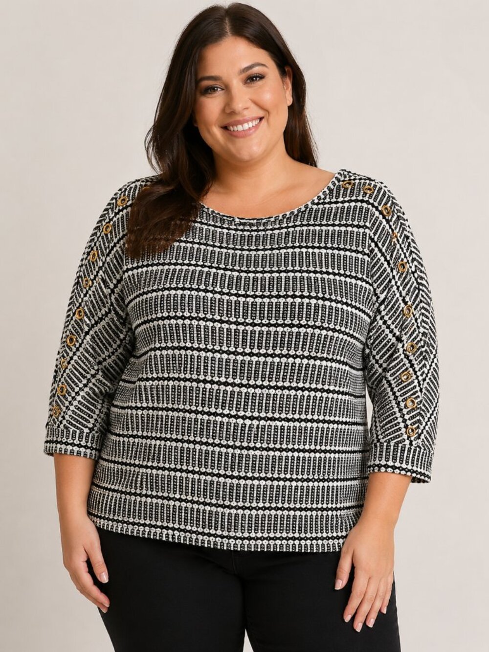 Belldini 1X Black White Textured Knit Top Gold Grommet Sleeve Detail Plus Size